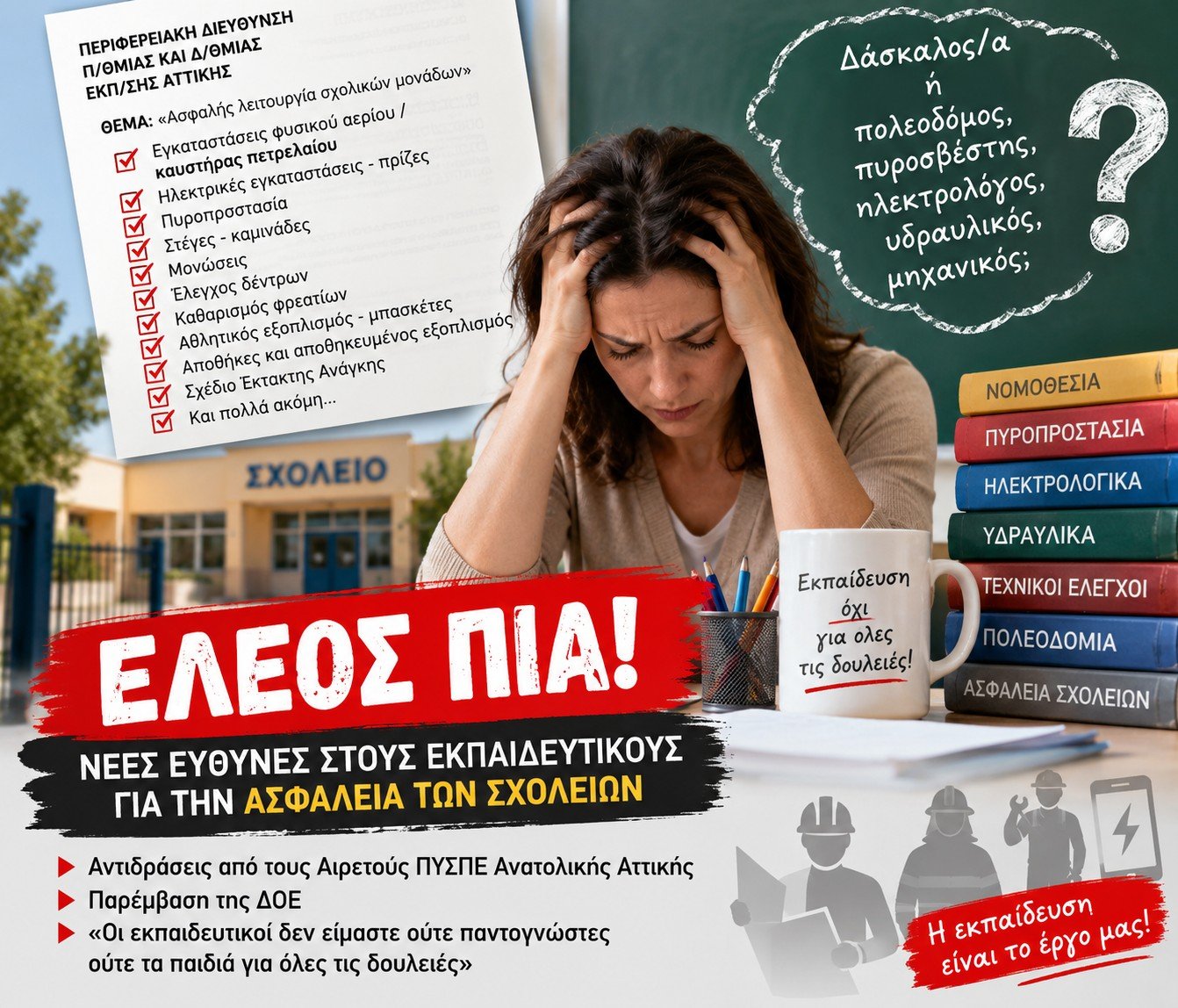 Καθημερινή Ηλεκτρονική Ενημέρωση για την Εκπαίδευση 4 «Έλεος πια!» – Εκπαιδευτικοί καλούνται να ελέγχουν από καυστήρες μέχρι ηλεκτρικές εγκαταστάσεις